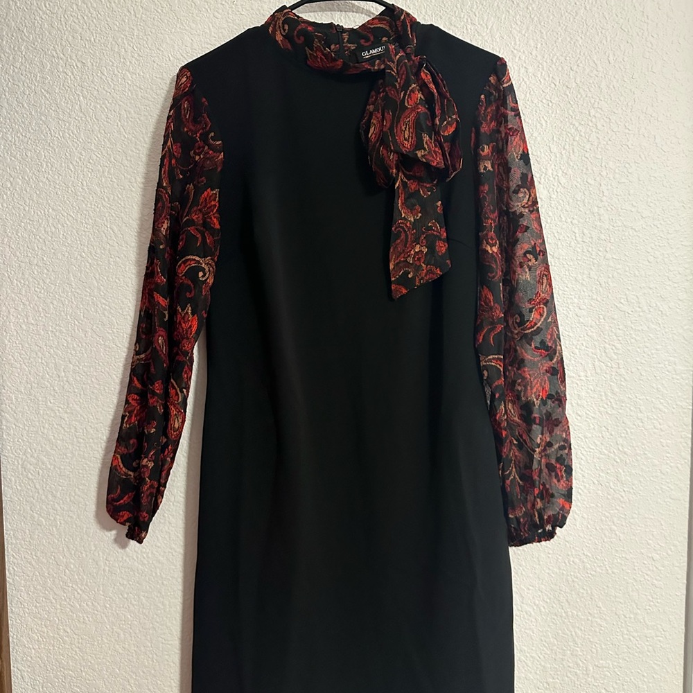Elegant Black Dress 10‎ Red Paisley Sleeves and Neck Bow Whimsigoth Academia